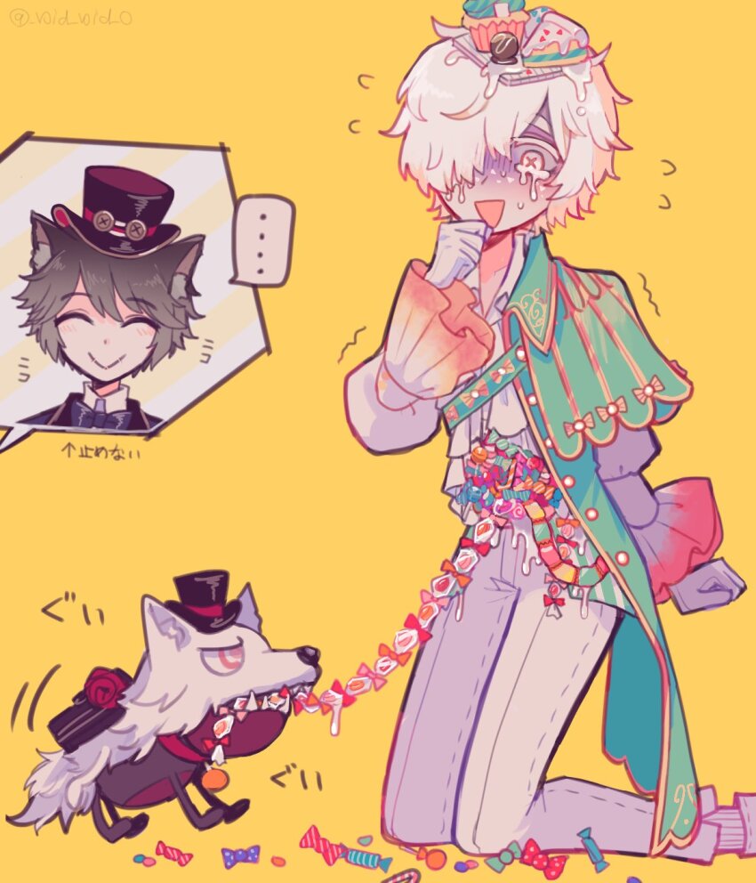 ... 2boys :&gt; :d ^_^ andrew_kreiss andrew_kreiss_(cheese) animal_ear_fluff animal_ears aqua_capelet aqua_coat cake cake_on_head cake_slice candy candy_gore capelet closed_eyes coat colored_tears commentary_request cross-shaped_pupils crying crying_with_eyes_open dog flying_sweatdrops food frilled_sleeves frills gloves gold_trim grey_hair hair_over_one_eye half-coat half_capelet hat highres identity_v kneeling male_focus mini_hat mini_top_hat multiple_boys official_alternate_costume open_mouth pants puffy_sleeves smile spoken_ellipsis symbol-shaped_pupils tears tendenbarabara top_hat turn_pale victor_grantz victor_grantz_(specter) white_eyes white_gloves white_hair white_pants wolf_ears yellow_background