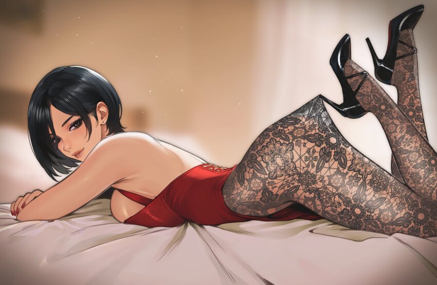 1girl absurdres ada_wong bare_shoulders bed_sheet black_eyes black_hair black_shoes blurry blurry_background breasts closed_mouth commentary english_commentary floral_print floral_print_pantyhose highres hooked_on_heel lace_pantyhose_hooked_on_heel_(meme) large_breasts leotard light_smile lips looking_at_viewer lying meme on_stomach pantyhose red_leotard resident_evil shoes short_hair smile solo yiiande