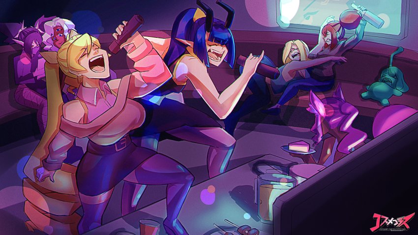 6+girls ^_^ absurdres alcohol animal_ears artist_name bare_shoulders beer beer_mug belt black_belt black_skirt blonde_hair blue_eyes boots bottle breasts cake cake_slice character_request cleavage clenched_teeth closed_eyes collared_shirt colored_skin commentary cosmikaizer couch cup dark-skinned_female dark_skin demon_girl demon_horns drill_hair earrings english_commentary extra_eyes fangs fighting flat_chest food green_eyes hair_behind_ear hair_bun high_ponytail highres holding holding_bottle holding_microphone hoop_earrings horns indoors jewelry karaoke lana_branford_(cosmikaizer) large_breasts logo long_hair long_pointy_ears medium_breasts melody_goetia_(cosmikaizer) microphone miniskirt monster_girl mug multiple_girls music off-shoulder_sweater off_shoulder open_mouth original pencil_skirt pink_shirt pink_sweater pinky_out pointy_ears ponytail red_eyes red_hair red_skin shirt singing single_hair_bun sitting skewer skirt slime_girl smile standing sweater teeth thigh_boots thighhighs twin_drills twintails very_long_hair white_hair