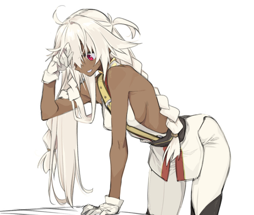10mo 1girl ahoge bare_shoulders belt bent_over boots braid breasts brown_boots dark-skinned_female dark_skin fate/grand_order fate_(series) gloves lakshmibai_(fate) lakshmibai_(first_ascension)_(fate) long_hair medium_breasts pants red_eyes shirt sidelocks sleeveless sleeveless_shirt solo thigh_boots thighs tight_clothes tight_pants twin_braids white_gloves white_hair white_pants white_shirt