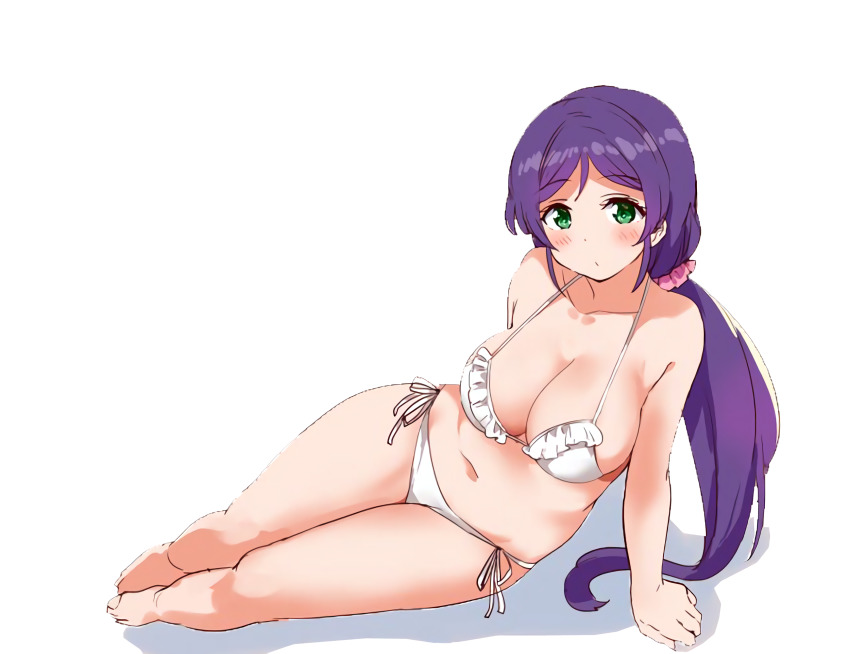 1girl arm_support bikini breasts cleavage cut feet green_eyes highres kurokawa_makoto large_breasts legs looking_at_viewer love_live! love_live!_school_idol_project low_twintails navel purple_hair resized sitting solo swimsuit thighs third-party_edit tojo_nozomi twintails upscaled white_bikini