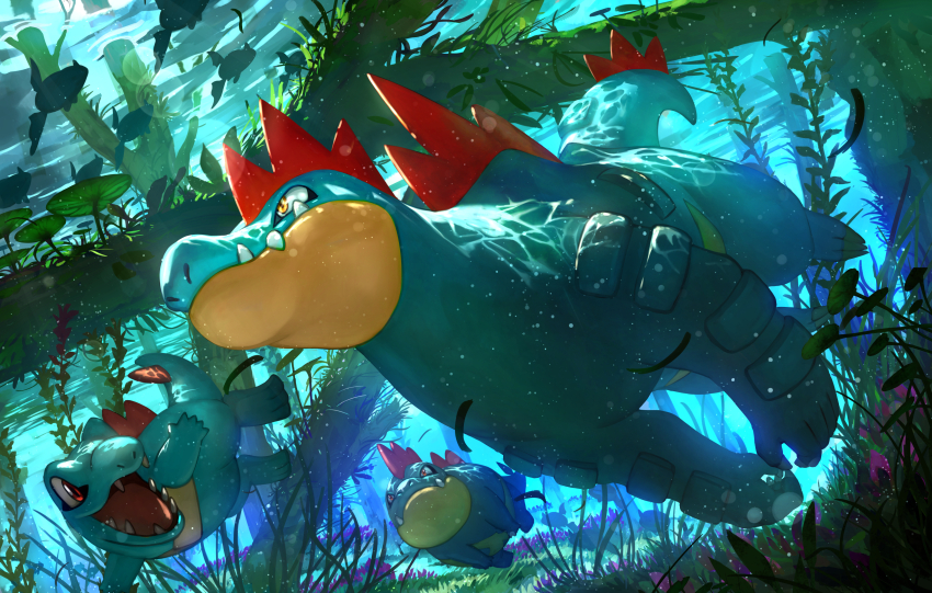 absurdres animal_focus blue_skin closed_mouth colored_skin commentary_request crocodilian croconaw evolutionary_line feraligatr fish gen_2_pokemon highres kelp lily_pad nintendo no_humans open_mouth pokemon pokemon_(creature) pokemon_focus red_eyes remoraid sharp_teeth spines swimming tail teeth totodile underwater yellow_eyes yumo80295386