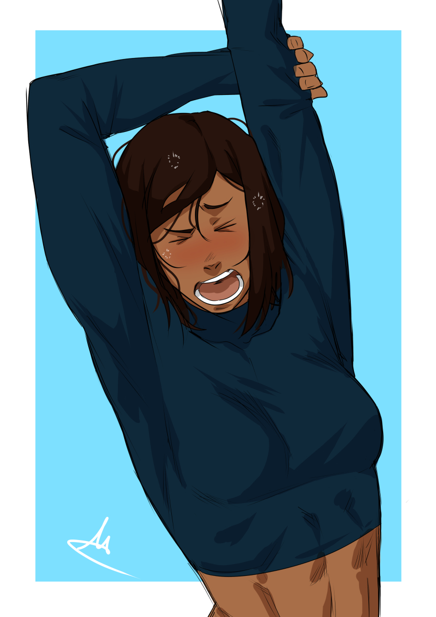 1girl abs absurdres arms_up avatar_legends blue_background border breasts brown_hair commentary commission dark-skinned_female dark_skin english_commentary highres korra mastrocecchi open_mouth short_hair small_breasts solo stretching teeth the_legend_of_korra tongue upper_body white_border yawning