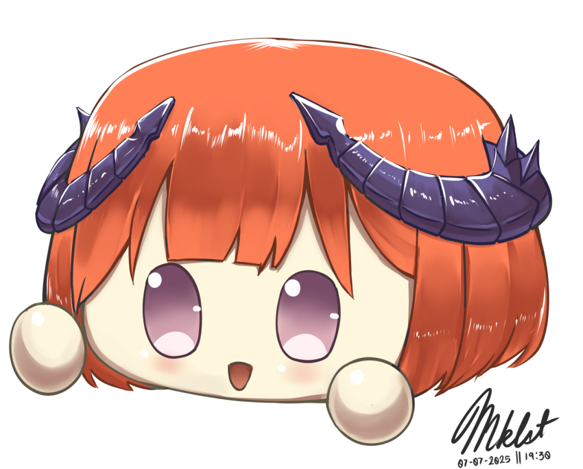 :d arknights artist_name bagpipe_(arknights) blush commentary dated highres horns maikeruexe open_mouth orange_hair purple_eyes remnant_cube_(wuthering_waves) signature simple_background smile solo white_background wuthering_waves