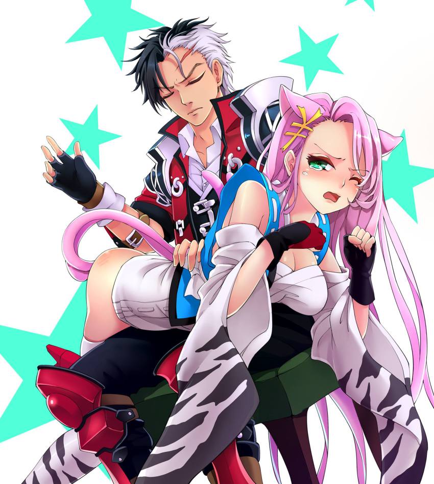 1boy 1girl animal_ears arisu_reiji artist_request ass banpresto bare_shoulders bent_over black_hair blush breasts cat_ears cat_tail cleavage closed_eyes fingerless_gloves gloves green_eyes hair_ornament hairpin hanging_breasts highres koma_(srw) long_hair multicolored_hair open_mouth pink_hair shiny_skin short_hair simple_background spanked spanking super_robot_wars super_robot_wars_og_saga_mugen_no_frontier tail tears thighhighs wavy_mouth white_hair wince