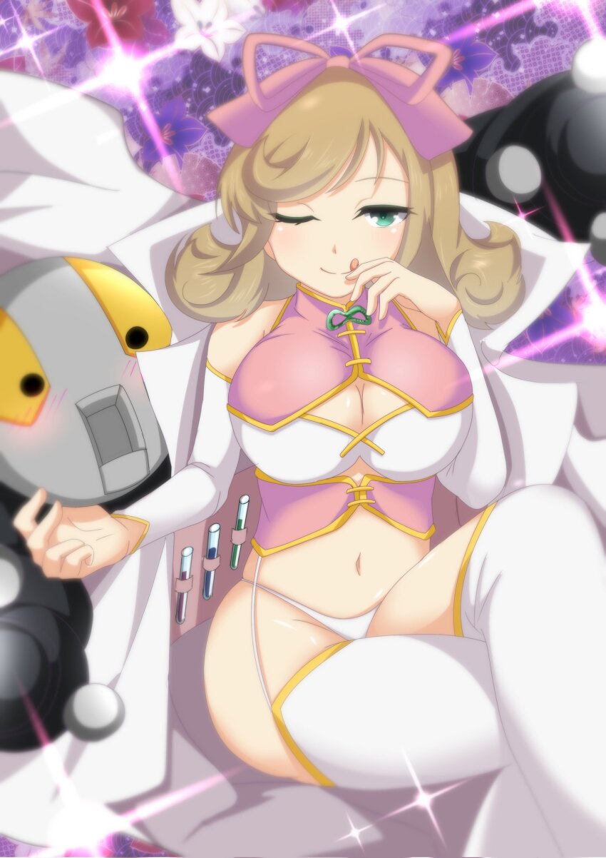 1girl :q bare_shoulders betterthanbone2 blush breasts cape green_eyes hair_ribbon haruka_(senran_kagura) highres large_breasts light_brown_hair one_eye_closed ribbon robot senran_kagura sitting test_tube thick_thighs thighhighs thighs tongue tongue_out