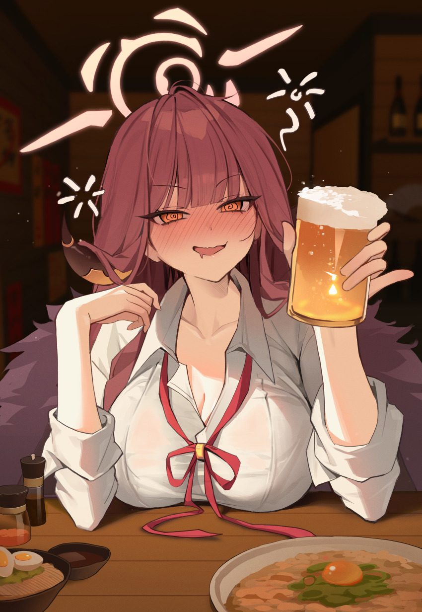 1girl absurdres alcohol aru_(blue_archive) beer beer_mug blue_archive breasts cup drunk halo highres holding holding_cup large_breasts looking_at_viewer mill_bbang mug orange_eyes red_hair red_halo red_ribbon ribbon shirt solo squeans white_shirt