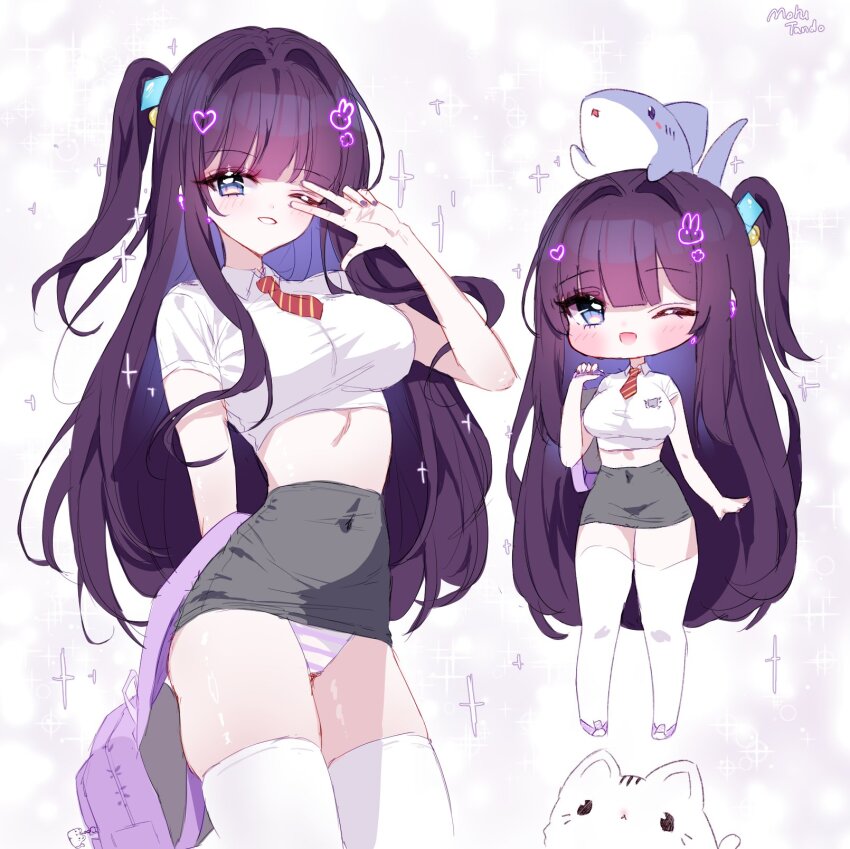 1girl ;d animal animal_on_head backpack bag blue_eyes cat character_request chibi collared_shirt commentary_request covered_navel crop_top diagonal-striped_clothes diagonal-striped_necktie dress_shirt grey_skirt hair_intakes highres korean_commentary long_hair midriff multiple_views navel necktie on_head one_eye_closed one_side_up open_mouth panties purple_hair purple_shoes shark shirt shoes short_sleeves signature skirt smile striped_clothes striped_panties tandohark thighhighs trickcal underwear v v_over_eye very_long_hair white_cat white_shirt white_thighhighs
