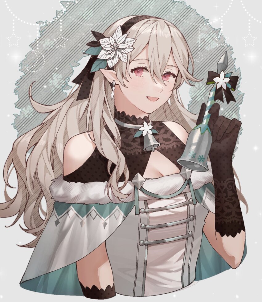 1girl ai_tkkm alternate_costume bare_shoulders bell black_gloves black_hairband christmas clothing_cutout commentary_request female_corrin_(fire_emblem) dress earrings fire_emblem fire_emblem_fates flower gloves grey_hair hair_between_eyes hair_flower hair_ornament hairband highres holding holding_bell jewelry long_hair looking_at_viewer nintendo open_mouth pointy_ears red_eyes shoulder_cutout smile solo white_dress white_flower
