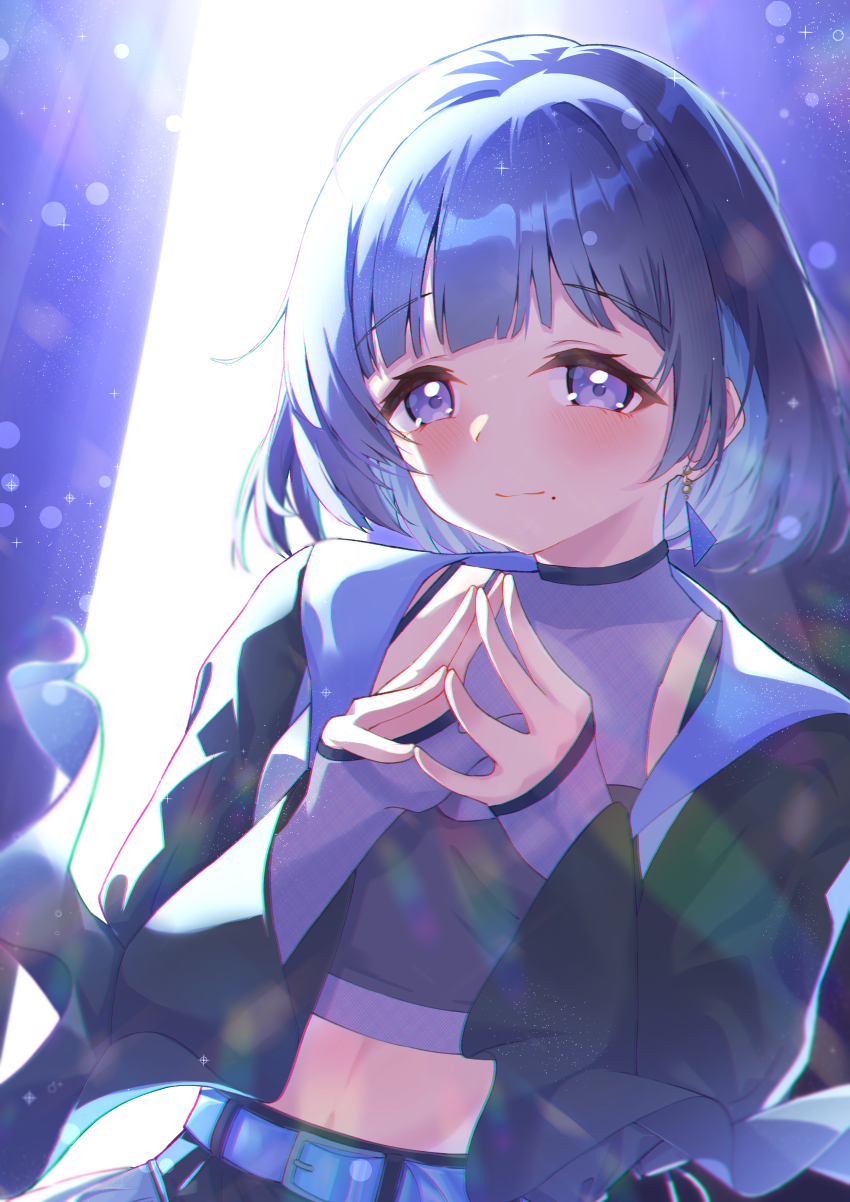1girl absurdres amaneshu_vt backlighting belt black_jacket blunt_bangs blush commentary_request earrings gakuen_idolmaster hataya_misuzu highres idol_clothes idolmaster jacket jewelry light_smile looking_at_viewer midriff mole mole_under_mouth own_hands_together purple_eyes purple_hair short_hair solo steepled_fingers