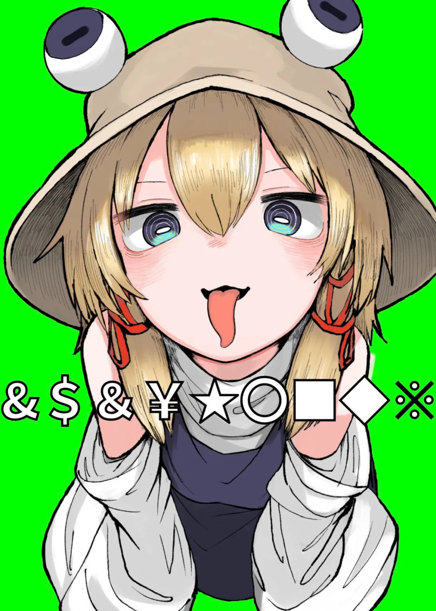 1girl bare_shoulders blonde_hair blue_eyes bright_pupils bucket_hat detached_sleeves dollar_sign fake_text googly_eyes green_background grey_hat hair_ornament hat highres horizontal_pupils leaning_forward looking_at_viewer moriya_suwako neritch open_mouth ringed_eyes simple_background solo star_(symbol) symbol tongue tongue_out touhou webp-to-png_conversion white_pupils yen_sign