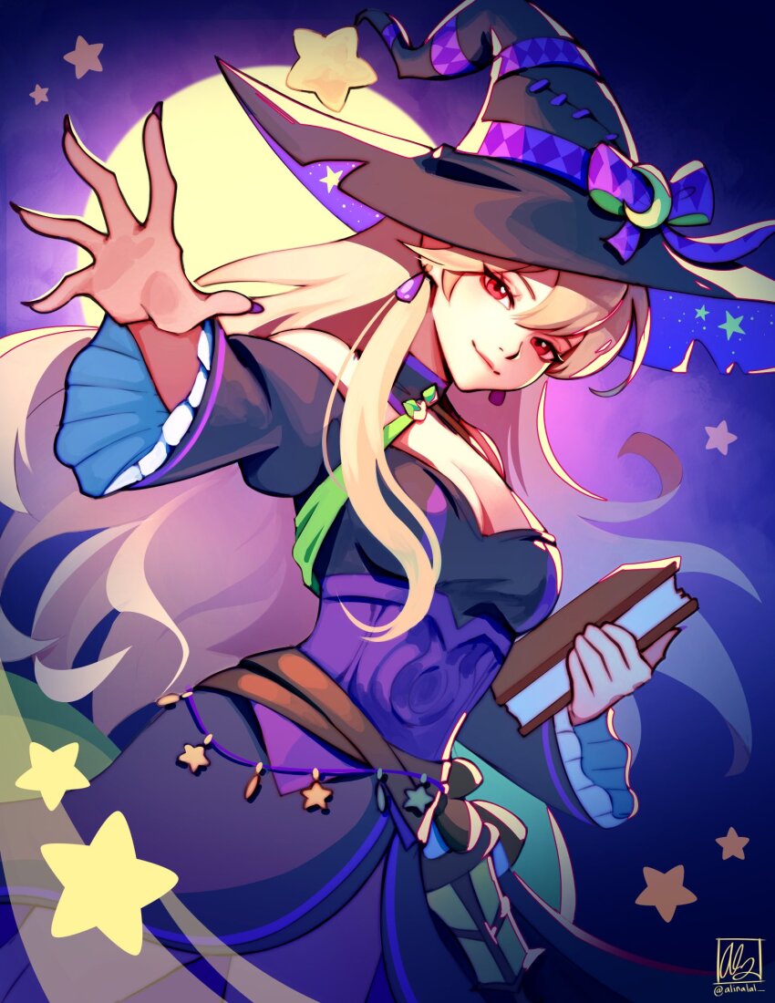 1girl alina_l black_dress black_hat book breasts cleavage closed_mouth commentary corrin_(female)_(fire_emblem) corrin_(female)_(halloween)_(fire_emblem) corset detached_sleeves dress earrings english_commentary fire_emblem fire_emblem_fates fire_emblem_heroes grey_hair hat highres holding holding_book jewelry long_hair medium_breasts nintendo official_alternate_costume pointy_ears red_eyes signature smile solo star_(symbol) twitter_username witch_hat