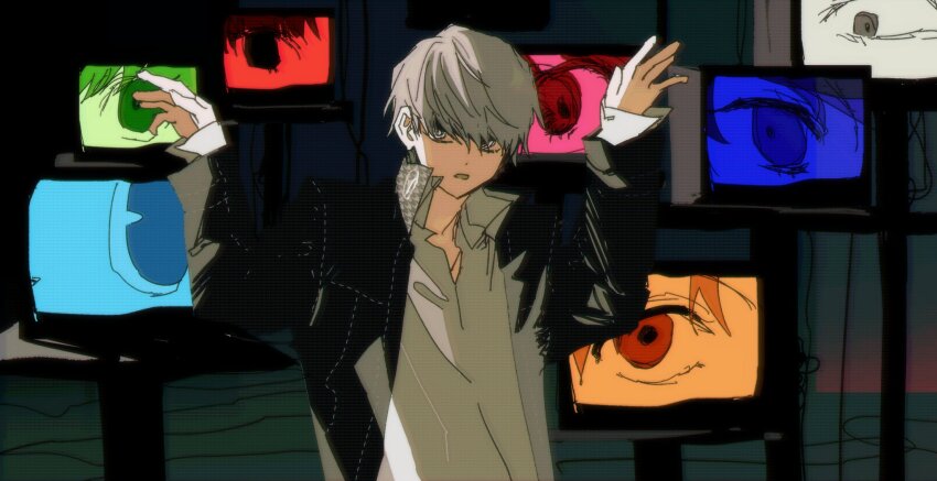 1boy amagi_yukiko arms_up black_jacket collared_shirt goguma_wagamja grey_eyes grey_hair hanamura_yousuke highres houndstooth indoors jacket kujikawa_rise kuma_(persona_4) looking_at_another looking_to_the_side male_focus narukami_yu open_mouth persona persona_4 satonaka_chie school_uniform shirogane_naoto shirt short_hair tatsumi_kanji television upper_body very_short_hair white_shirt yasogami_school_uniform