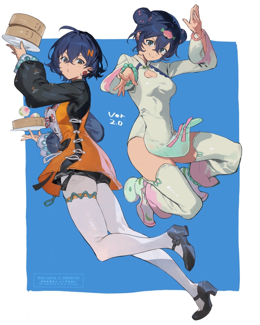 1girl alternate_costume alternate_hairstyle bead_bracelet beads belle_(delicate_sunlight)_(zenless_zone_zero) belle_(zenless_zone_zero) black_shirt black_shoes black_shorts blue_background blue_hair border bracelet breasts china_dress chinese_clothes detached_pants double_bun dress green_dress hair_bun hashibiro_kou_(garapiko_p) high_heels highres holding holding_plate jewelry looking_at_viewer medium_breasts multiple_views orange_dress plate shirt shoes short_hair shorts smile thighhighs white_border white_thighhighs zenless_zone_zero
