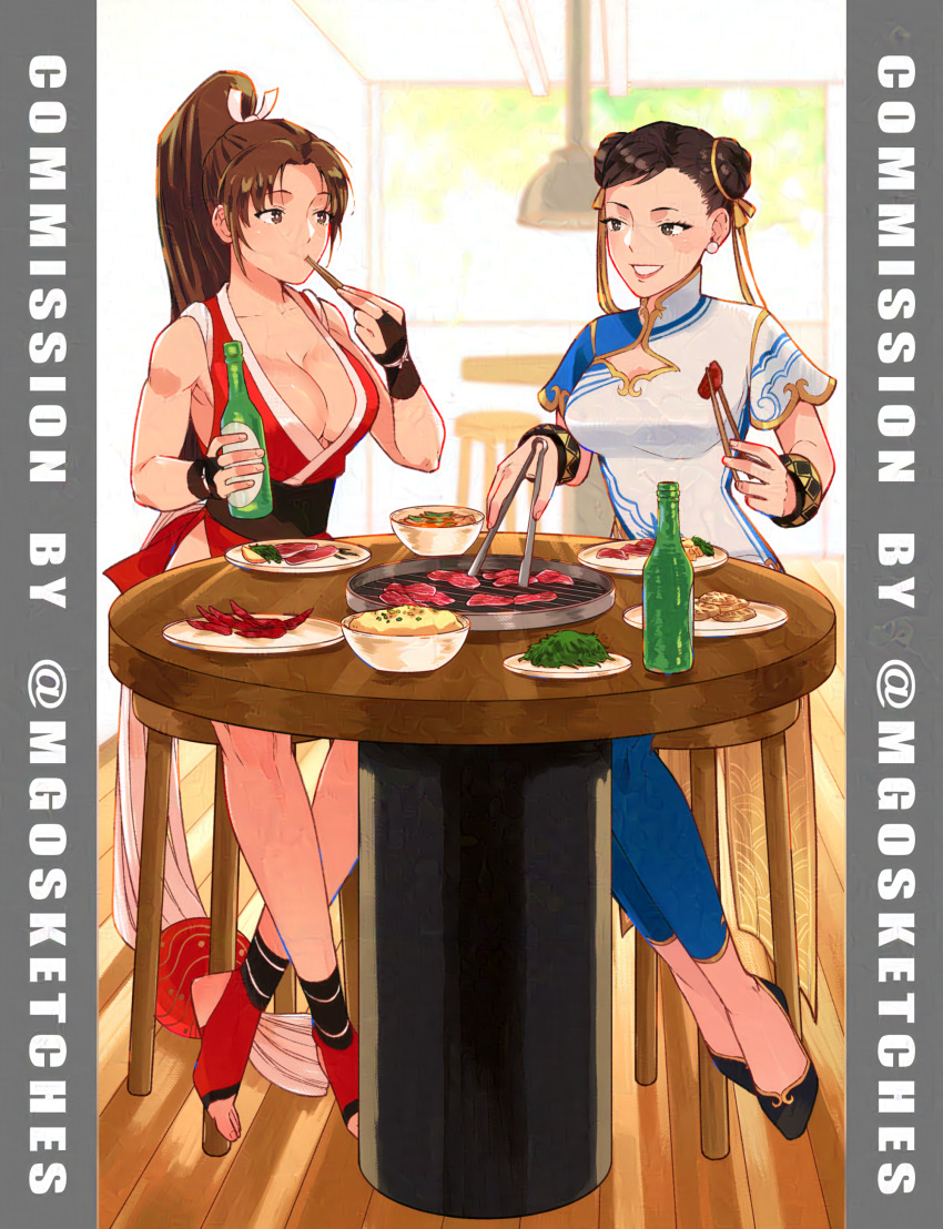 2girls absurdres bottle bowl bracelet breasts capcom chili_pepper chopsticks chun-li cleavage commission crossover double_bun eating fatal_fury fatal_fury:_city_of_the_wolves female_focus food full_body grill hair_bun highres holding holding_chopsticks indoors japanese_clothes jewelry mango_(mgosketches) meat multiple_girls no_bra plate revealing_clothes shiranui_mai sitting stirrup_footwear street_fighter street_fighter_6 tongs trait_connection