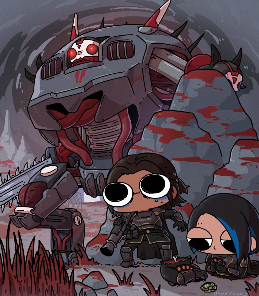 2girls apex_legends bisected black_eyes blood blue_eyes bone cable card catalyst_(apex_legends) chainsaw chibi commentary conduit_(apex_legends) cosplay dark-skinned_female dark_skin english_commentary fusion glowing glowing_eyes helldiver_(helldivers) helldiver_(helldivers)_(cosplay) helldivers_(series) highres holding holding_card hulk_(helldivers) looking_down looking_up mecha miyan_(oceanmaiden) multicolored_hair multiple_girls red_eyes revenant_(apex_legends) robot rocket_launcher scared short_hair streaked_hair weapon