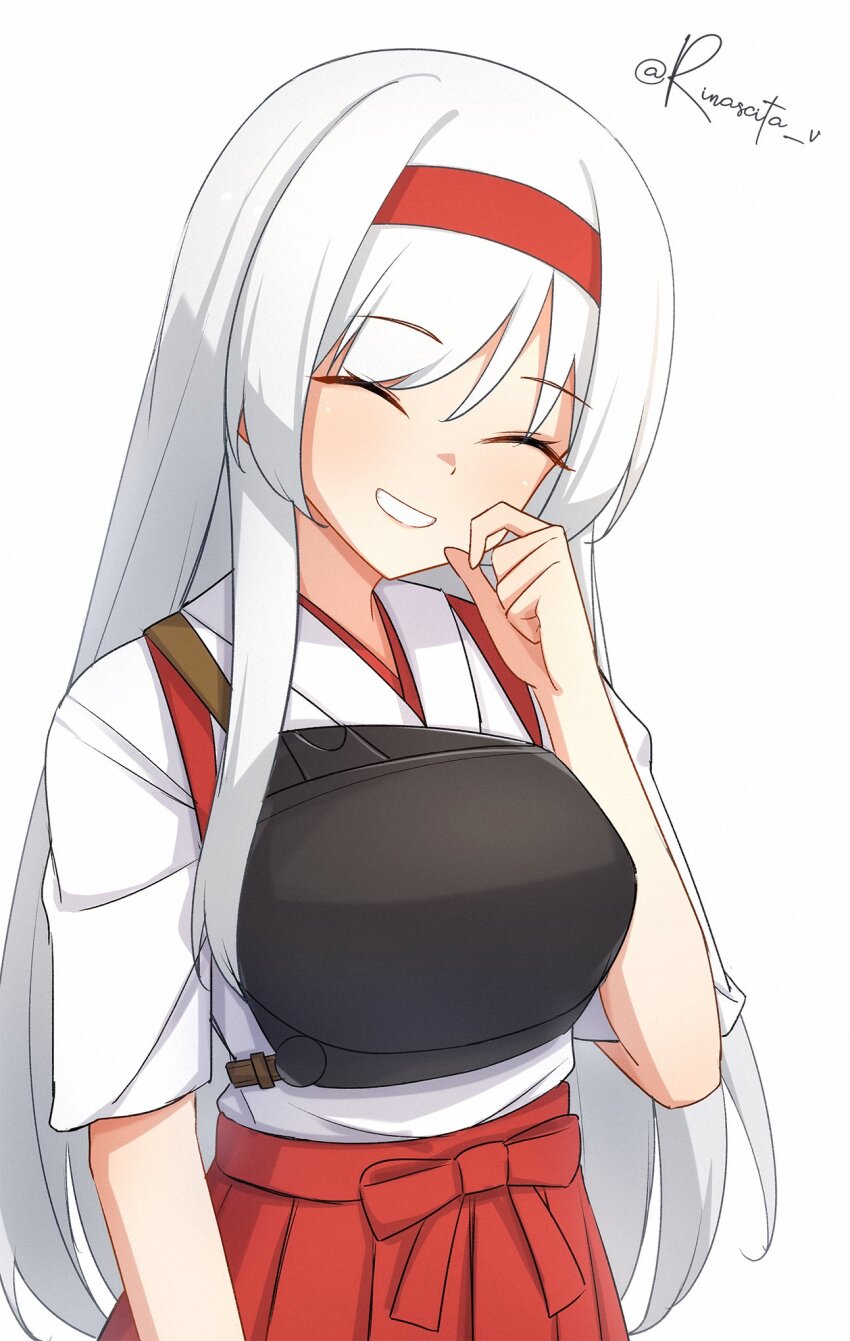 1girl aticsanir blush breasts closed_eyes grey_hair hair_ribbon hairband hakama headband highres japanese_clothes kantai_collection long_hair looking_at_viewer muneate red_hakama ribbon shoukaku_(kancolle) skirt smile solo twintails twitter_username upper_body white_background white_hair