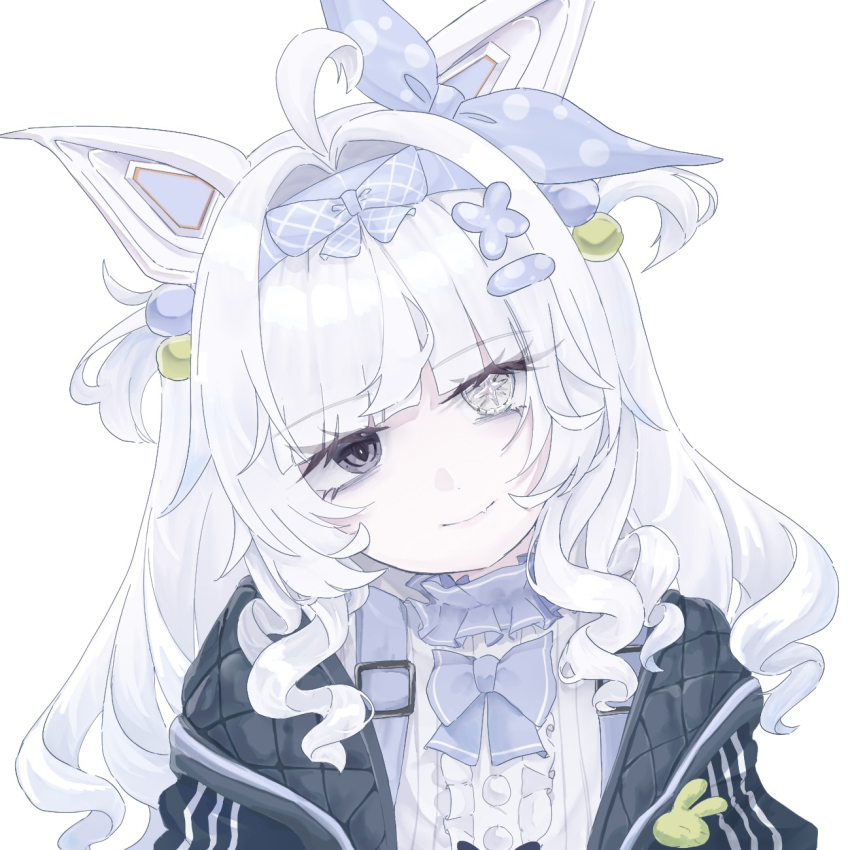 1girl ahoge animal_ears black_eyes black_jacket bow choker closed_mouth cross-shaped_pupils fang frilled_choker frilled_shirt frills grey_eyes grey_hair hair_bow hair_intakes hair_ornament hairband hairclip heterochromia highres jacket leeum8s long_hair mechanical_ears mismatched_pupils no._21:_feral_scent_(pgr) no._21_(pgr) official_alternate_costume punishing:_gray_raven purple_bow purple_choker purple_hairband shirt sidelocks solo symbol-shaped_pupils white_shirt wolf_ears x_hair_ornament