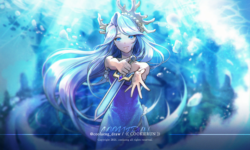 1girl air_bubble bare_arms bare_shoulders blue_dress blue_eyes blue_hair blue_theme blurry blurry_background breasts bubble chromatic_aberration closed_mouth commentary cookie_run coolaeng cowboy_shot curtained_hair day dress film_grain foreshortening frilled_dress frills highres holding holding_sword holding_weapon humanization long_hair looking_at_viewer reaching reaching_towards_viewer sea_fairy_cookie small_breasts solo standing straight-on strapless strapless_dress sword symbol-only_commentary underwater very_long_hair weapon
