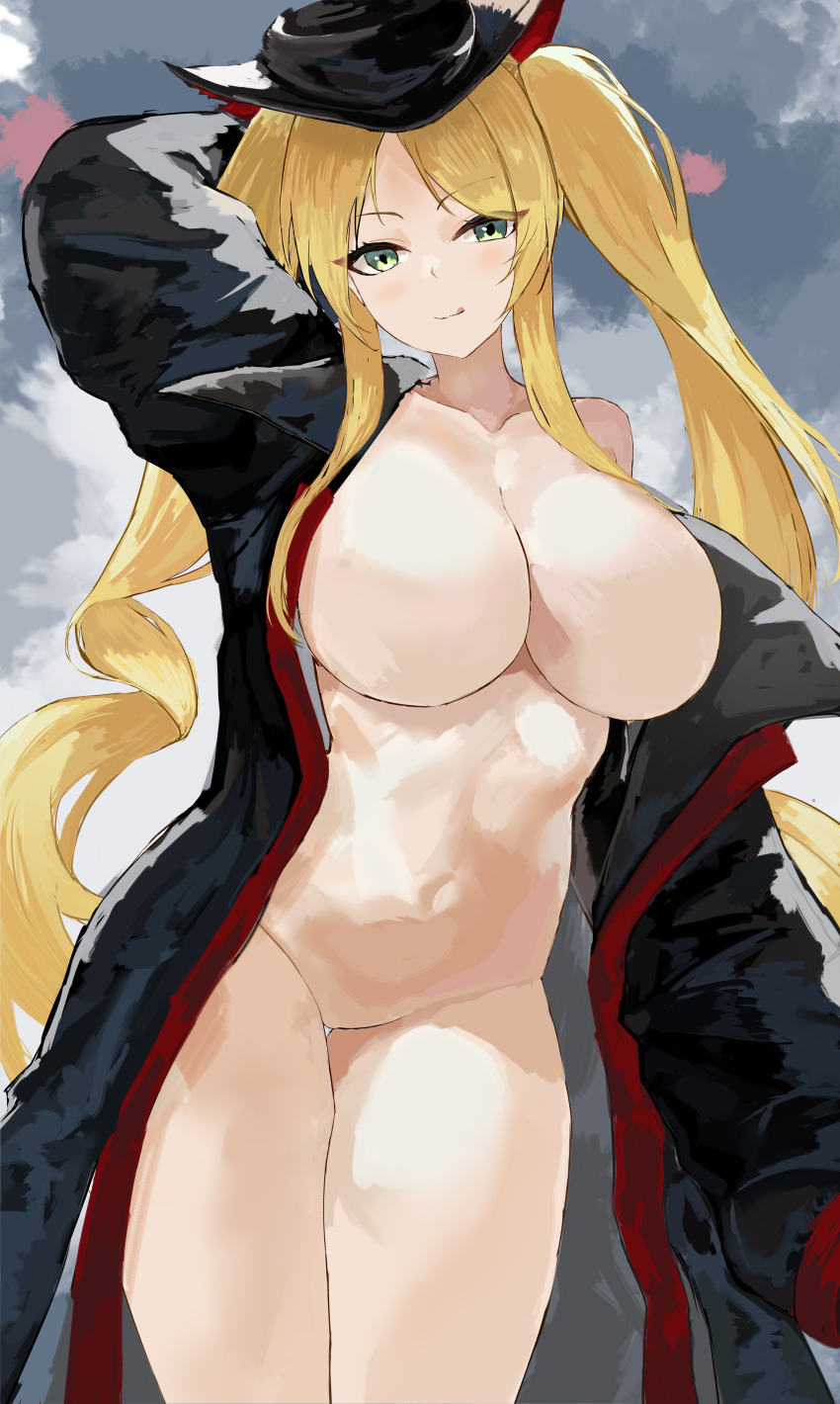 1girl absurdres arm_behind_head arm_up azur_lane bare_shoulders black_coat black_hat blonde_hair breasts coat green_eyes hat highres hornet_(azur_lane) hornet_(meta)_(azur_lane) large_breasts long_hair looking_at_viewer naked_coat navel no_nipples no_pussy off_shoulder parted_bangs smile solo suo_bu_ye_feng thighs twintails very_long_hair