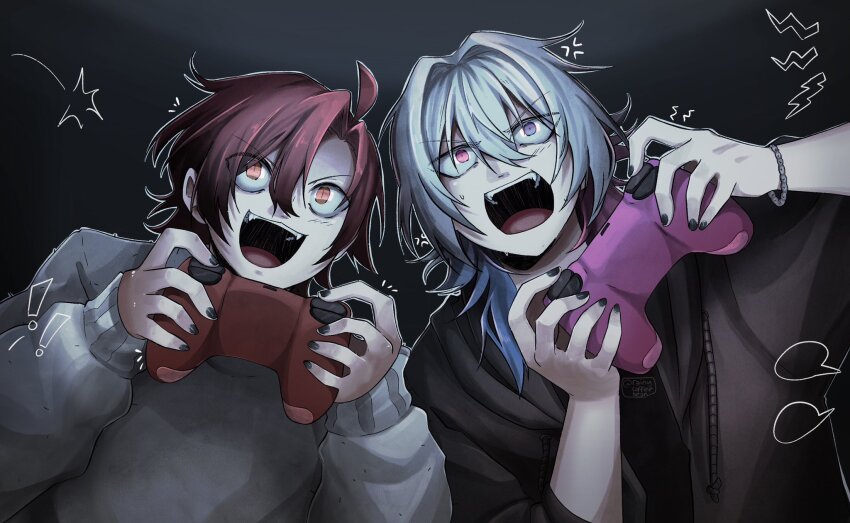 ! !! 2boys ahoge alternate_costume anger_vein black_hoodie black_nails blue_eyes blue_hair commentary controller dark_background dualsense english_commentary game_controller gavis_bettel grey_hair hair_between_eyes hair_intakes heterochromia highres holding holding_controller holding_game_controller holostars holostars_english hood hoodie machina_x_flayon male_focus medium_hair multicolored_hair multiple_boys open_mouth orange_eyes pink_eyes pink_hair playing_games playstation_controller rainycoffeebean red_hair short_hair side_part slit_pupils sweater teeth twitter_username upper_body upper_teeth_only virtual_youtuber white_sweater wide-eyed