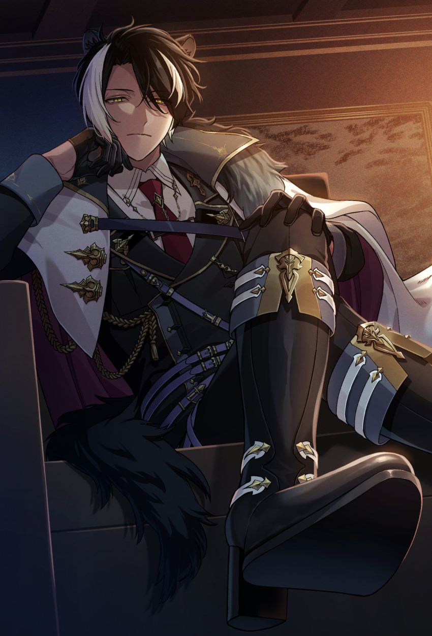1boy animal_ears belt black_boots black_gloves black_hair black_jacket black_pants boots cape collared_shirt gloves half_gloves hand_on_own_face hand_on_own_knee hand_up high_heels highres holostars indoors jackal_boy jackal_ears jackal_tail jacket kageyama_shien kageyama_shien_(7th_costume) male_focus multicolored_hair multiple_belts necktie pants ramenumai_ika red_necktie shirt short_hair solo two-sided_cape two-sided_fabric two-tone_hair virtual_youtuber white_cape white_hair white_shirt yellow_eyes