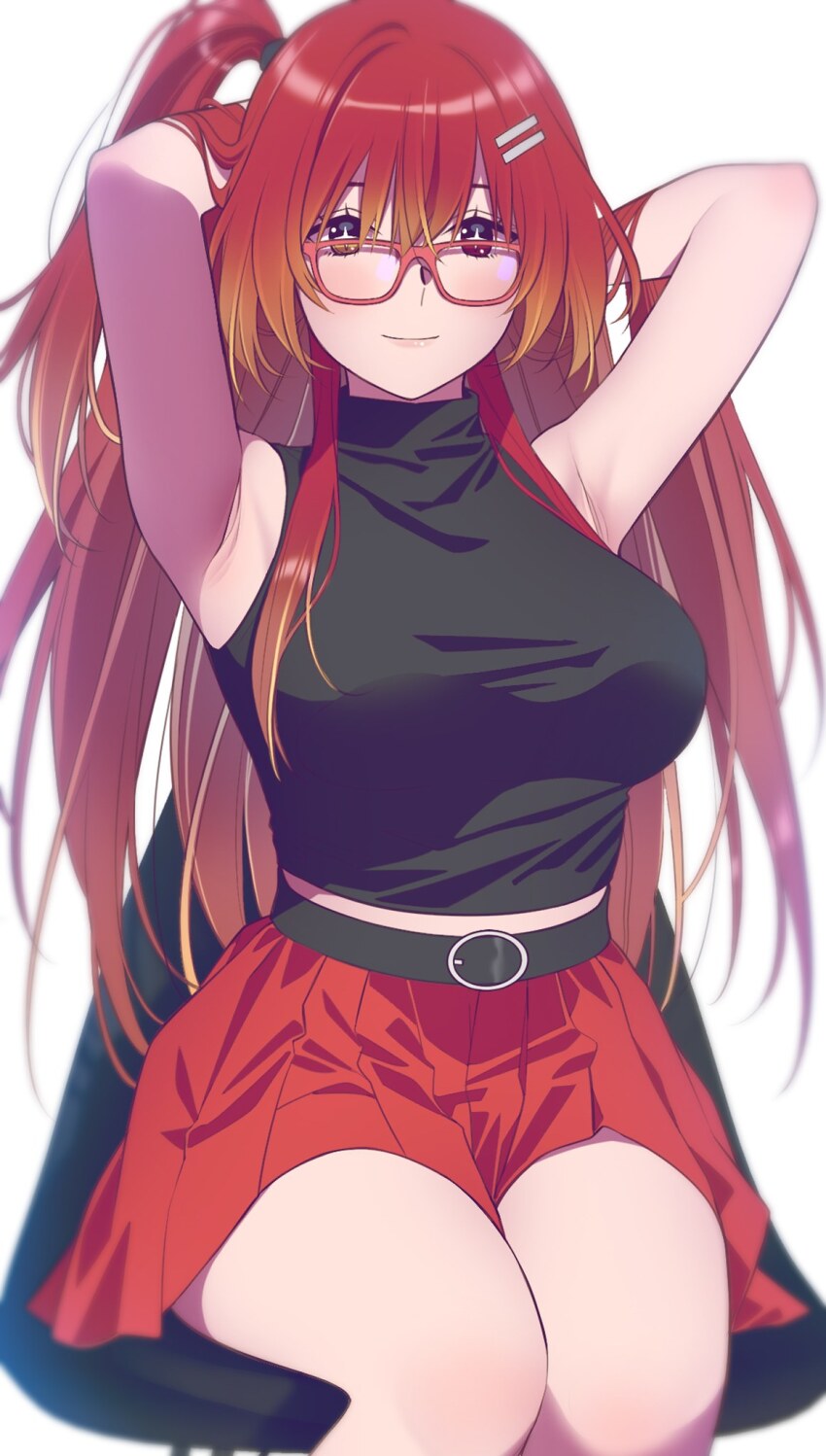 1girl andrian_januar_adilia armpits arms_up belt black_belt black_shirt borrowed_character breasts chair closed_mouth commentary cropped_shirt english_commentary glasses gradient_hair hair_between_eyes hair_flip hair_ornament hairclip half_updo highres large_breasts long_hair looking_at_viewer miniskirt multicolored_hair on_chair orange_hair original pleated_skirt red-framed_eyewear red_eyes red_hair red_skirt shirt simple_background sitting skirt sleeveless sleeveless_shirt solo star-shaped_pupils star_(symbol) symbol-shaped_pupils turtleneck turtleneck_shirt white_background