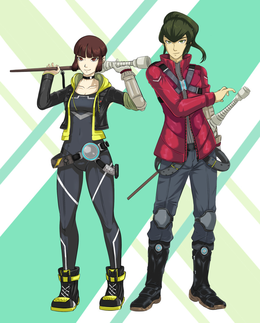 1boy 1girl alternate_costume badge belt belt_buckle black_jacket black_legwear bowl_cut breasts brown_eyes brown_hair buckle choker cleavage cosplay costume_switch ememtrp flynn_(megami_tensei) green_eyes green_hair highres isabeau_(megami_tensei) jacket knee_pads mio_(xenoblade) mio_(xenoblade)_(cosplay) noah_(xenoblade) noah_(xenoblade)_(cosplay) non-web_source pale_skin ponytail red_jacket shin_megami_tensei shin_megami_tensei_iv shirt sideburns simple_background smile sword weapon xenoblade_chronicles_(series) xenoblade_chronicles_3
