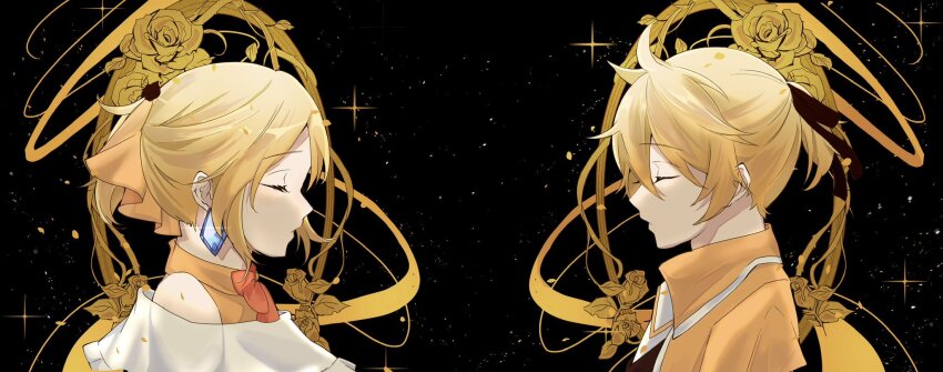 1boy 1girl ahoge aku_no_meshitsukai_(vocaloid) aku_no_musume_(vocaloid) allen_avadonia bare_shoulders black_background bow brother_and_sister choker closed_eyes detached_collar dress earrings evillious_nendaiki face-to-face flower from_side golden_rose hair_bow hair_ribbon high_contrast highres inubangarou jacket jewelry kagamine_len kagamine_rin light_particles off-shoulder_dress off_shoulder orange_bow parted_lips ponytail portrait_(object) profile project_sekai ribbon riliane_lucifen_d&#039;autriche rose short_ponytail siblings sparks swept_bangs thorns twins updo vocaloid yellow_bow yellow_choker yellow_flower yellow_jacket yellow_rose
