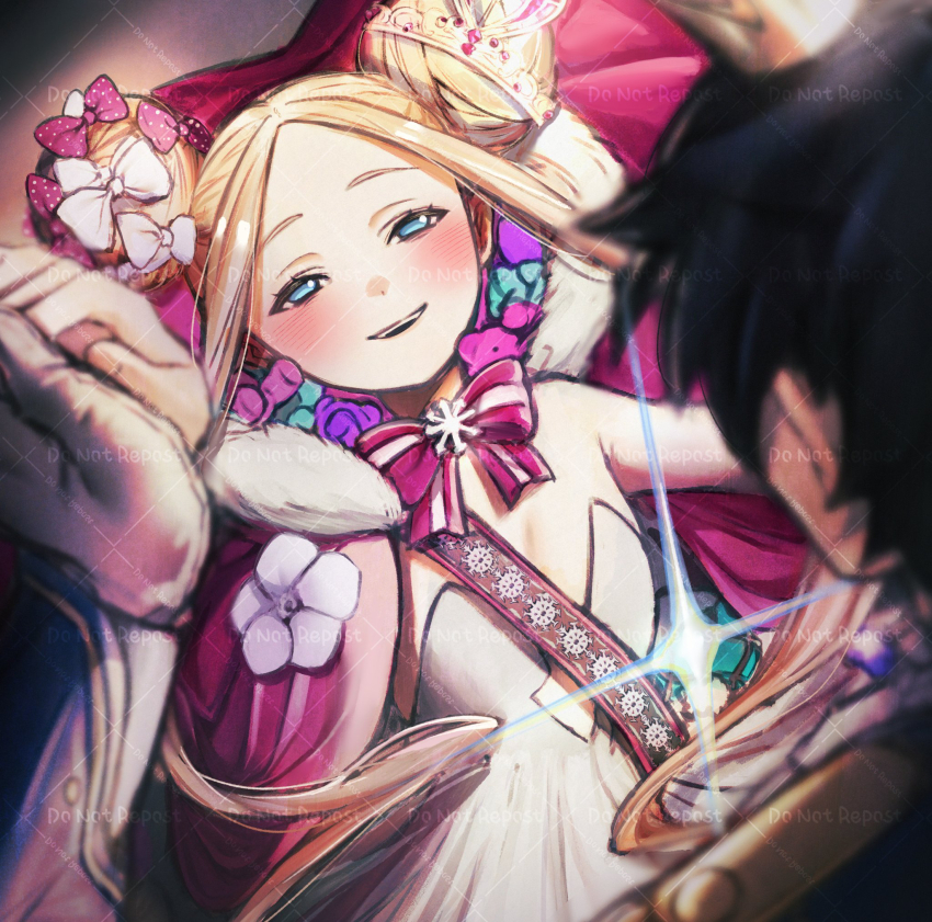 1boy 1girl abigail_williams_(fate) abigail_williams_(santa)_(fate) bare_shoulders black_hair blonde_hair blue_eyes blush bow breasts cloak crown dancing double_bun dress fate/grand_order fate_(series) forehead fujimaru_ritsuka_(male) fujimaru_ritsuka_(male)_(halloween_royalty) fur-trimmed_cloak fur_trim hair_bow hair_bun highres hiyayaako long_hair open_mouth parted_bangs red_bow red_cloak sash short_hair sidelocks small_breasts smile stuffed_animal stuffed_toy teddy_bear tiara very_long_hair white_bow white_dress