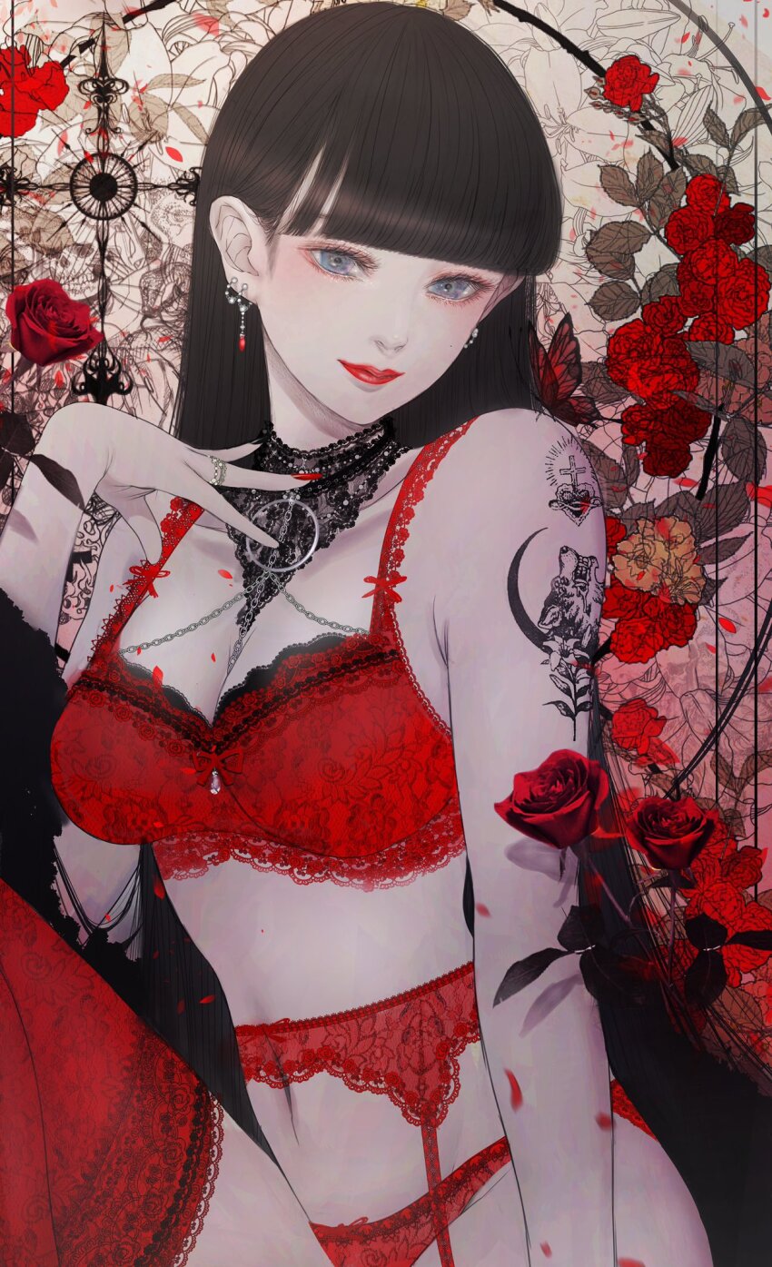 1girl arm_tattoo bare_shoulders black_choker black_hair black_nails blue_eyes blunt_bangs bra breasts chain chain_necklace choker closed_mouth commentary earrings falling_petals floral_background flower hand_on_own_neck highres jewelry lace lace-trimmed_bra lace-trimmed_garter_belt lace-trimmed_legwear lace-trimmed_panties lace-trimmed_thighhighs lace_choker lace_trim large_breasts leg_up lipstick long_hair looking_at_viewer makeup mole mole_on_cheek multiple_earrings nail_polish navel necklace original panties petals red_bra red_flower red_lips red_nails red_panties red_petals red_rose red_thighhighs rose satsuki_kei shoulder_tattoo solo stomach symbol-only_commentary tattoo thighhighs transparent_background underwear