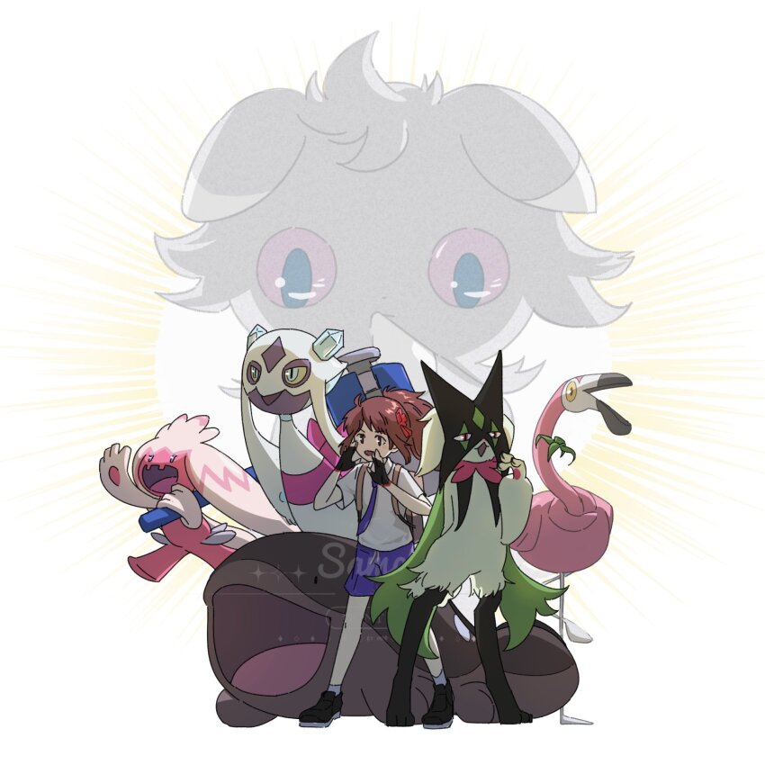 1other 3girls :d alternate_color black_fur black_gloves black_shoes blue_eyes brown_eyes brown_hair cape clodsire colored_skin commission espurr fangs fingerless_gloves flamigo flower froslass full_body gen_4_pokemon gen_6_pokemon gen_9_pokemon gloves green_fur hair_ornament hairclip hammer highres holding holding_hammer looking_at_viewer mask meowscarada multiple_girls necktie nintendo open_mouth pink_flower pink_hair pink_sash pink_skin pokemon pokemon_(creature) pokemon_sv ponytail purple_eyes purple_fur purple_necktie purple_shorts robinlovesop sash school_uniform shiny_pokemon shoes shorts simple_background skin_fangs smile socks standing tinkaton uva_academy_school_uniform white_background white_socks