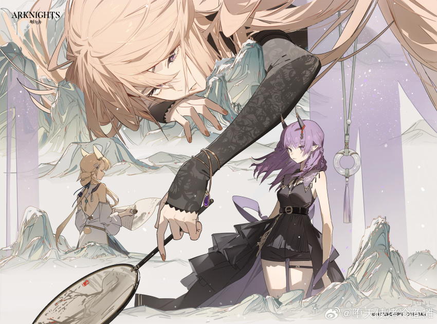 3girls animal_ears arknights bare_arms bare_back bare_shoulders belt black_belt black_dress black_horns black_necktie blonde_hair bracelet breasts chinese_commentary closed_mouth collar commentary_request copyright_name copyright_notice demon_horns detached_collar detached_sleeves dress expressionless eyelashes floral_print food from_behind gem giant giantess gold_bracelet hair_between_eyes hand_fan highres holding holding_food holding_scroll horn_ornament horn_ribbon horns indigo_(arknights) indigo_(serene_day)_(arknights) jewelry kroos_(arknights) kroos_the_keen_glint_(along_the_corridor)_(arknights) kroos_the_keen_glint_(arknights) lace-trimmed_sleeves lace_trim lava_(arknights) lava_the_purgatory_(arknights) lava_the_purgatory_(dusk_wisteria)_(arknights) layered_sleeves light_particles logo long_dress long_hair long_sleeves lying medium_breasts mountain multiple_girls nail_polish necktie o-ring o-ring_belt official_art on_stomach open_clothes open_dress parted_lips pink_lips pointy_ears purple_collar purple_dress purple_eyes purple_gemstone purple_hair rabbit_ears rabbit_tail red_nails red_ribbon ribbon rose_print scroll short_over_long_sleeves short_sleeves sleeves_past_wrists strapless strapless_dress tail tassel teeth tuanshan two-sided_dress two-sided_fabric very_long_hair watermark weibo_watermark white_dress white_sleeves wide_sleeves zhibuji_loom