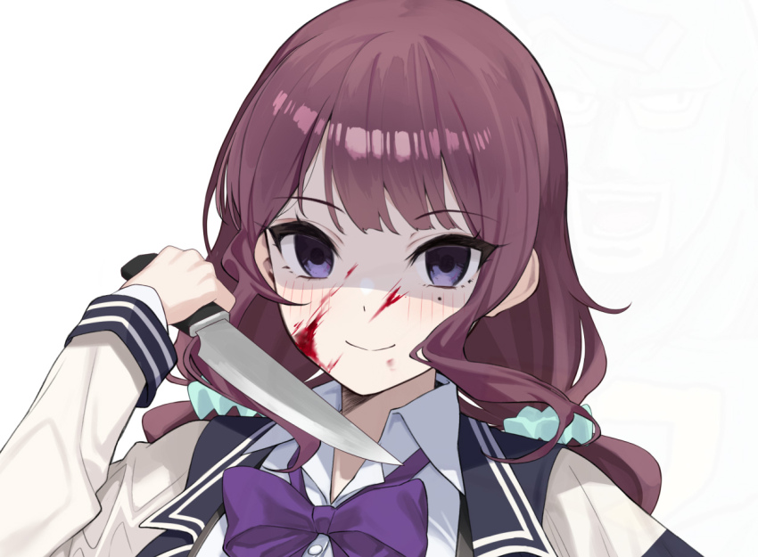 1girl blazer blood blood_on_face blue_jacket bow bowtie brown_hair cevio collared_shirt holding holding_knife holding_weapon jacket knife long_hair low_twintails mole mole_under_eye natsuki_karin purple_bow purple_bowtie purple_eyes shaded_face shirt simple_background smile solo synthesizer_v twintails upper_body weapon white_background white_shirt yappen