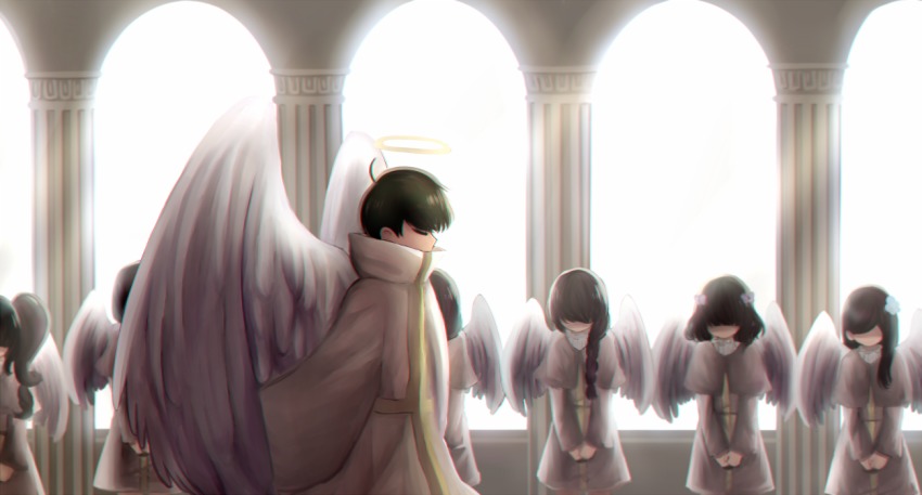 10s 1boy 6+girls ahoge angel_wings arch architecture black_hair bowing braid closed_eyes column commentary cowboy_shot feathered_wings greco-roman_architecture hair_ornament halo high_collar khylimei long_sleeves matsuno_jyushimatsu multiple_girls osomatsu-kun osomatsu-san osomatsu_(series) pillar profile robe short_hair side_ponytail single_braid v_arms white_robe wings