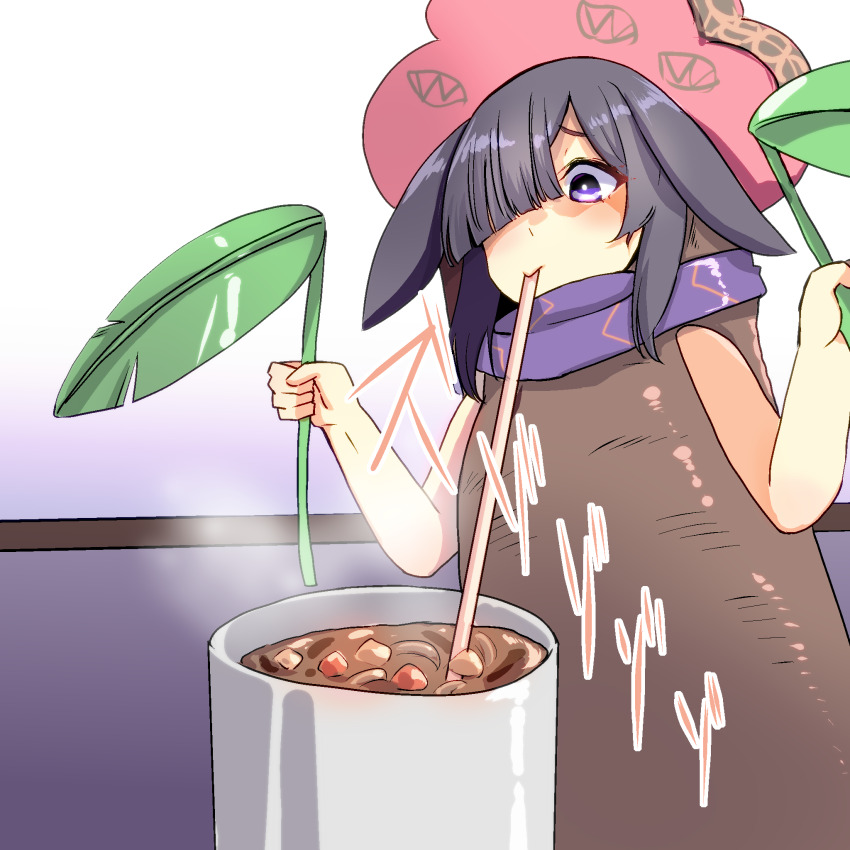 1girl blue_archive curry drinking_straw food highres leaf mengnaidu official_alternate_costume solo tree tsukuyo_(blue_archive)