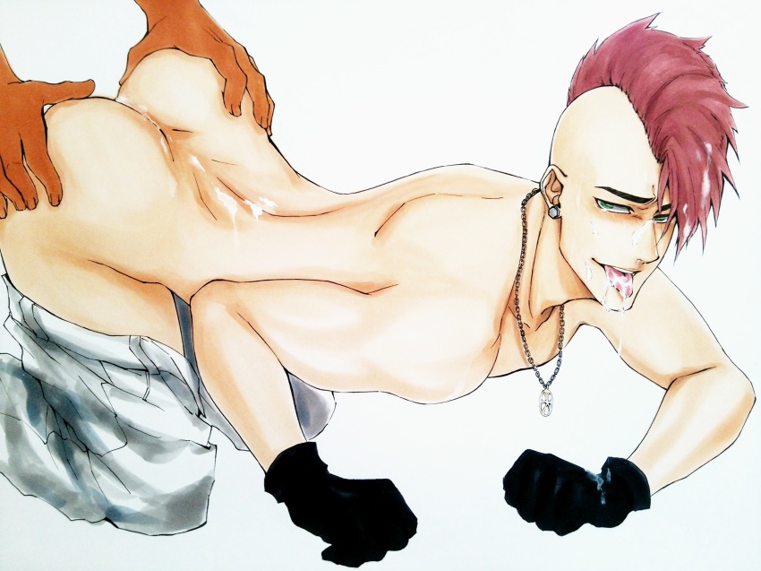 2boys absurdres aftersex arundhati-1216 ass ass_grab bazz-b black_gloves bleach blush clothes_pull cum cum_in_ass cum_in_mouth cum_on_body dark_skin dark-skinned_male earrings gloves green_eyes highres jewelry male_focus mohawk multiple_boys naughty_face necklace pants pants_pull pink_hair simple_background top-down_bottom-up white_background yaoi