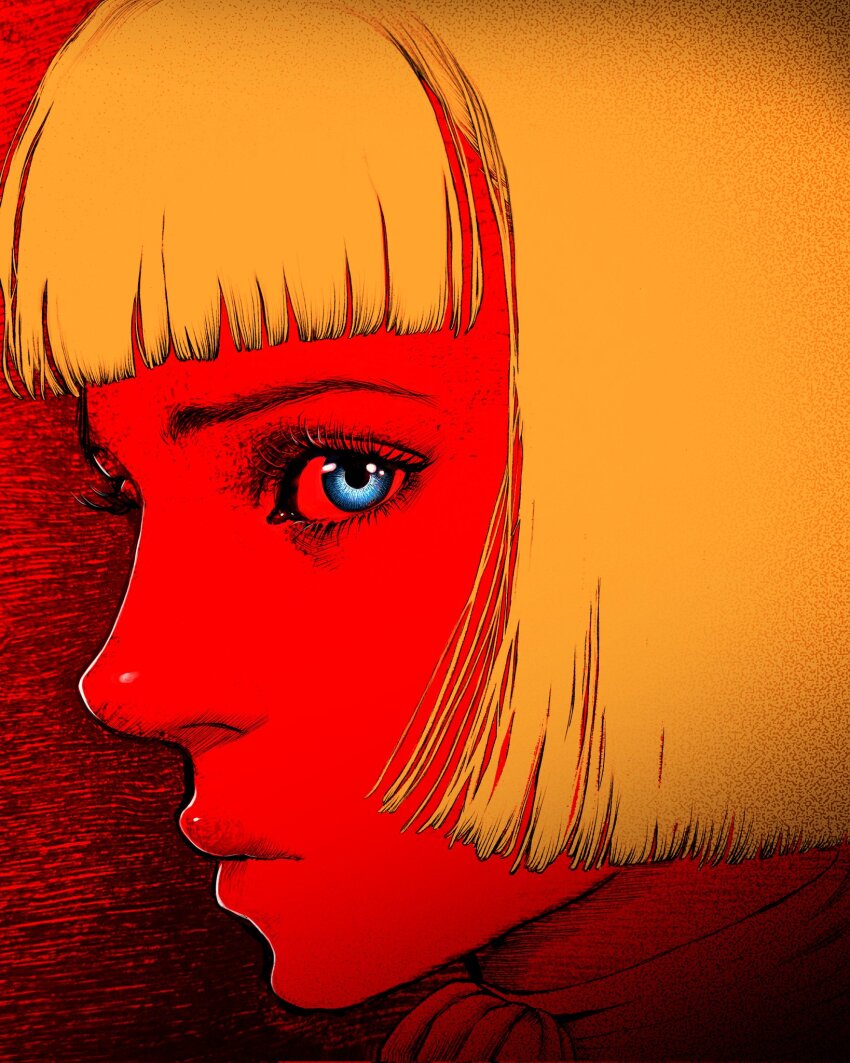 1girl berserk blonde_hair blue_eyes close-up commentary expressionless eyelashes farnese_(berserk) highres limited_palette lips nisino2222 portrait profile solo