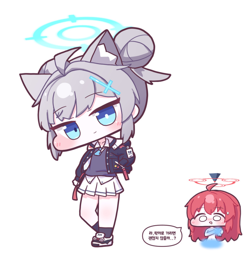 2girls animal_ears black_socks blue_archive blue_halo blue_necktie cosplay grey_hair hair_between_eyes halo highres long_hair maki_(blue_archive) maki_(blue_archive)_(cosplay) medium_hair multiple_girls name_tag navel necktie nene_(rnjh4272) nude red_halo shiroko_(blue_archive) shirt skirt socks thighs white_shirt white_skirt wolf_ears