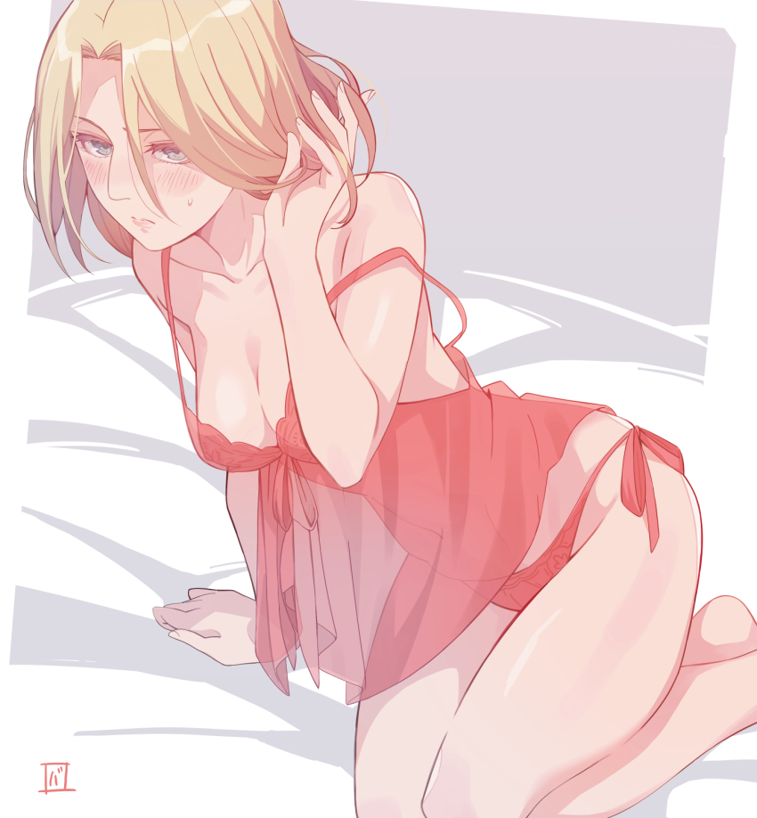 1girl annie_leonhart arm_support bare_shoulders blonde_hair blush breasts camisole cleavage closed_mouth collarbone embarrassed feet_out_of_frame grasshopper193 grey_eyes half-closed_eyes highres kneeling long_hair medium_breasts panties red_camisole red_panties shingeki_no_kyojin side-tie_panties solo strap_slip sweatdrop underwear