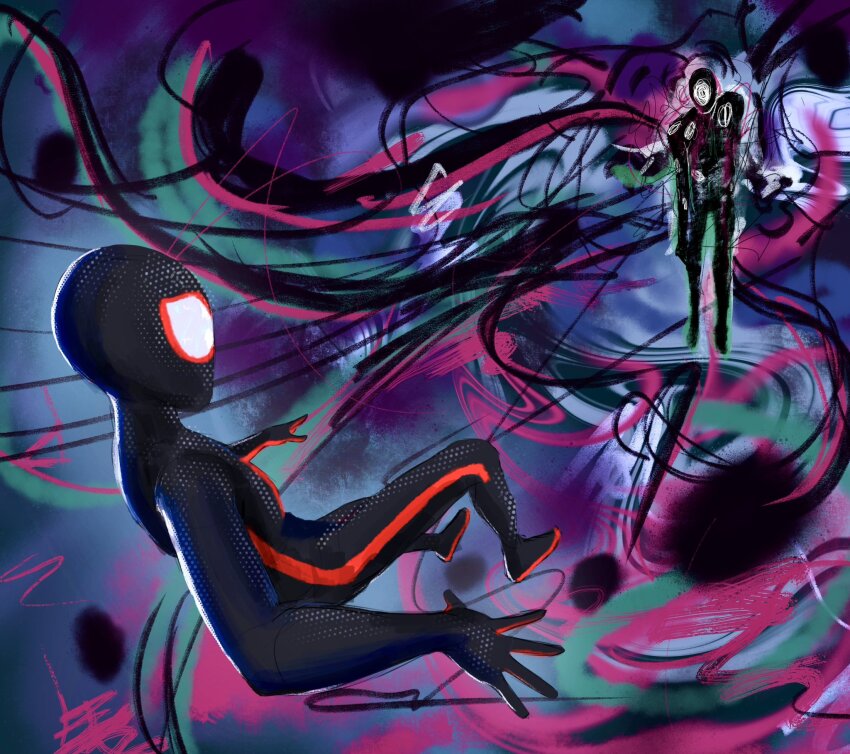 2boys attack black_background black_bodysuit blue_background bodysuit commentary english_commentary falling fighting green_background halftone highres horror_(theme) looking_at_another marvel mask multicolored_background multiple_boys pink_background purple_background red_bodysuit scribble shrugging spider-man:_across_the_spider-verse spider-man_(miles_morales) spider-man_(series) spider-verse spot_(marvel) standing tendril tonny_(visoomo) two-tone_bodysuit