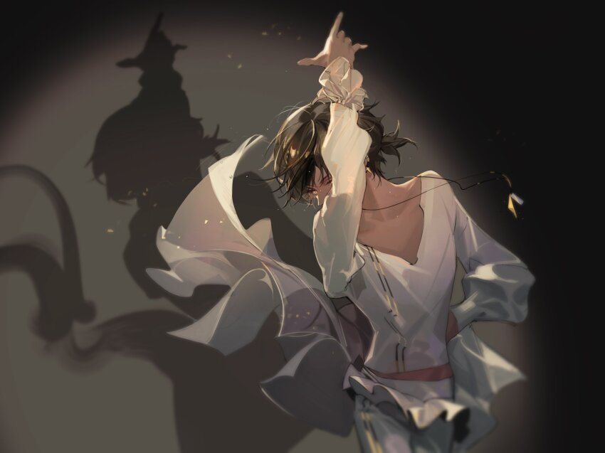 1boy arknights arm_up brown_hair commentary cowboy_shot dancing dark-skinned_male dark_skin english_commentary fandangyu floating_clothes floating_neckwear frilled_sleeves frills hand_on_own_hip highres jewelry long_sleeves male_focus mixed-language_commentary necklace pants ponytail puffy_sleeves shirt short_ponytail solo thorns_(arknights) v-neck white_pants white_shirt yellow_eyes