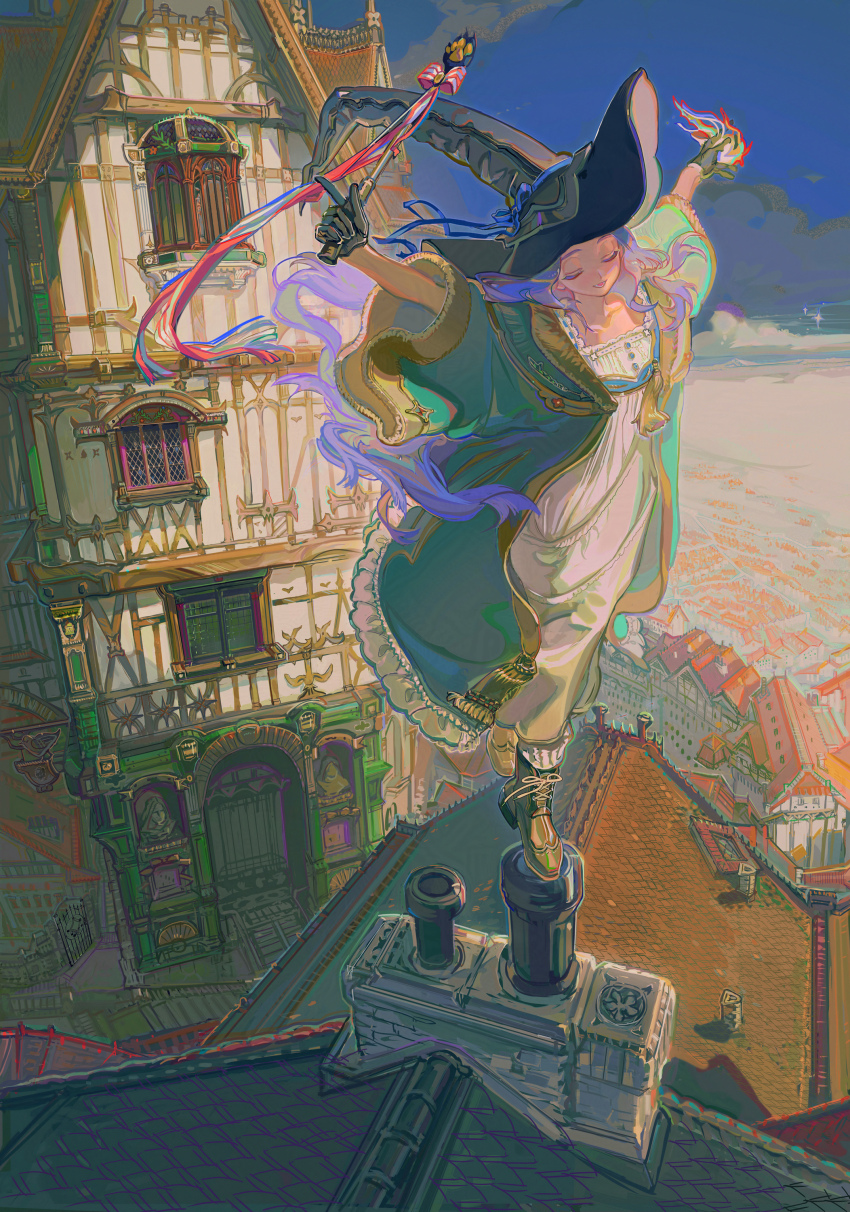 1girl absurdres black_gloves black_hat blue_sky boots bow building chimney city closed_eyes dress from_above gloves hat highres holding lace-up_boots long_hair magic medieval original outdoors outstretched_arms paw_print pink_bow pink_ribbon purple_hair ribbon robe sky smile solo standing standing_on_one_leg taro-k tile_roof white_dress window witch witch_hat