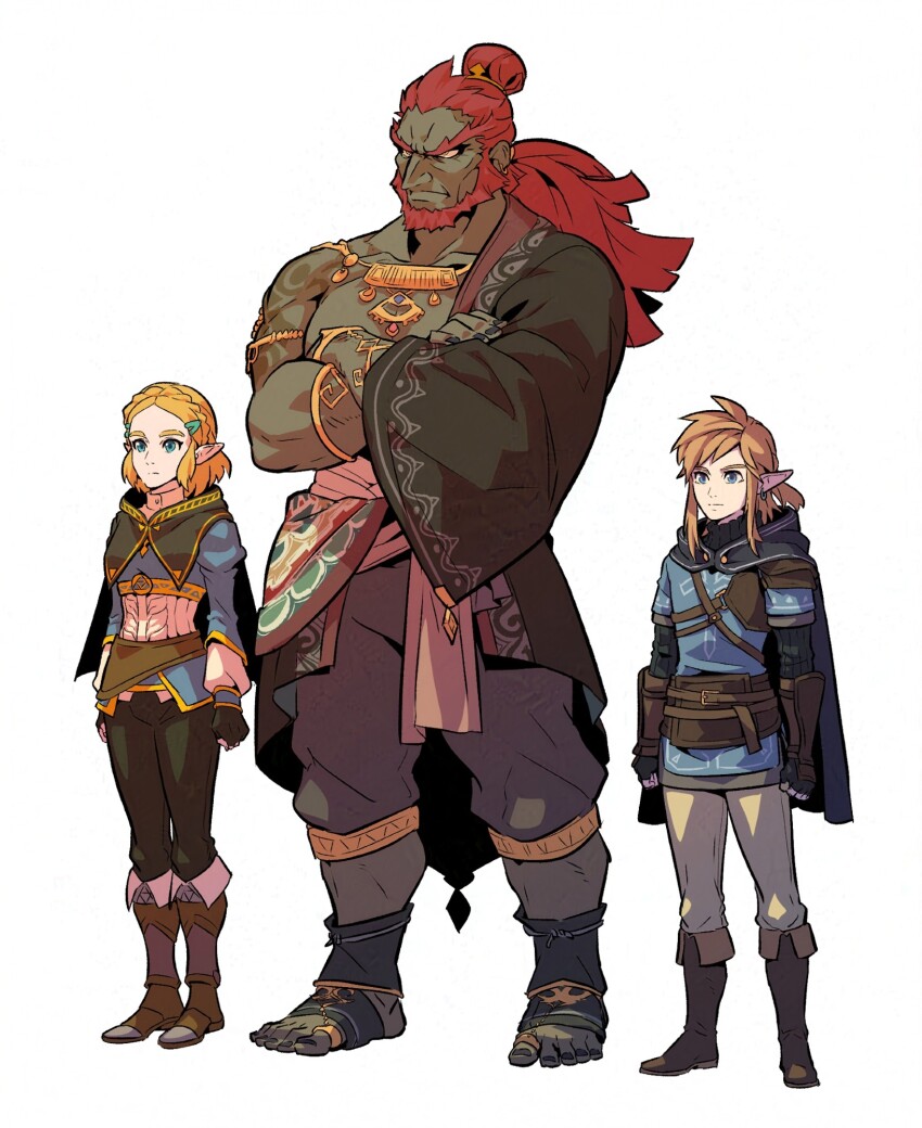1girl 2boys asymmetrical_clothes boots braid champion&#039;s_tunic_(zelda) cloak crown_braid dark-skinned_male dark_skin folded_hair ganondorf hair_bun highres hood hood_down hooded_cloak link multiple_boys nintendo pointy_ears ponytail princess_zelda red_hair redlhzz short_ponytail simple_background single_hair_bun tall_male the_legend_of_zelda the_legend_of_zelda:_tears_of_the_kingdom thick_eyebrows variant_set