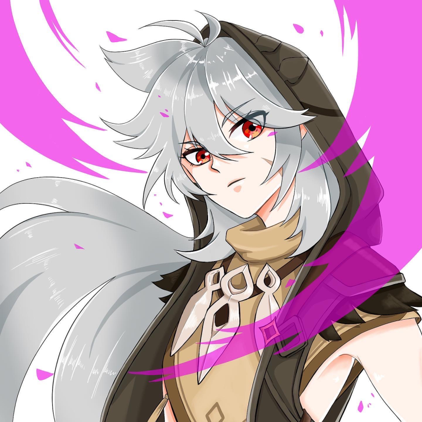 1boy ahoge closed_mouth genshin_impact gloves grey_hair hair_between_eyes hands_up highres hood hood_up long_hair looking_at_viewer male_focus razor_(genshin_impact) red_eyes scar scar_on_face simple_background solo white_hair