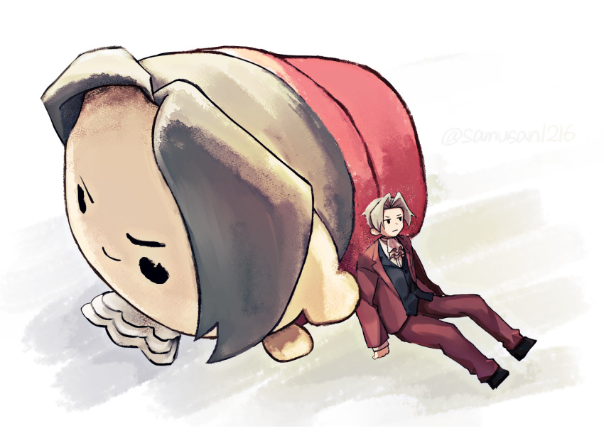 1boy ace_attorney ascot black_hair black_vest character_doll expressionless formal_clothes grey_hair jacket leaning_back male_focus miles_edgeworth pants parted_bangs red_jacket red_pants red_suit samusan100 short_sleeves simple_background sitting solo stuffed_toy suit vest white_ascot white_background