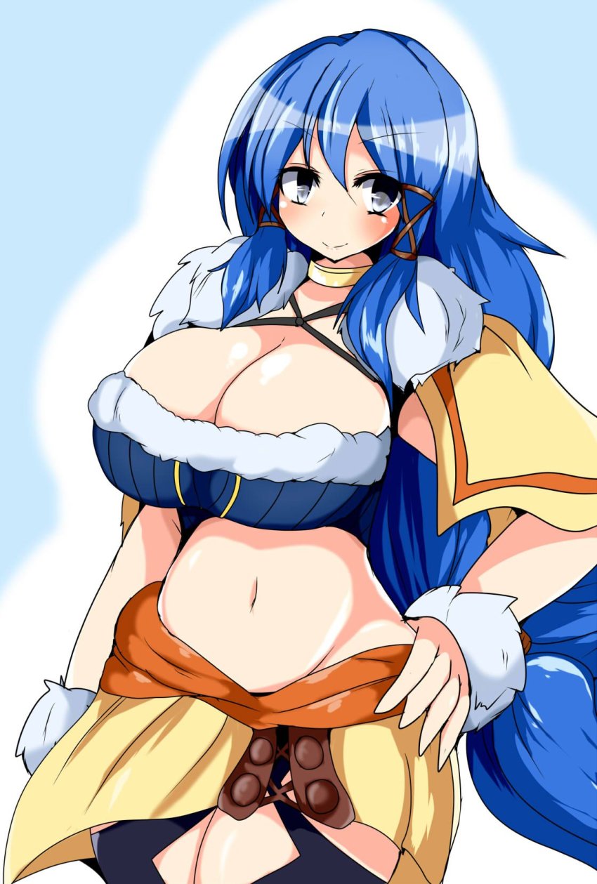 1girl black_thighhighs blue_eyes blue_hair breasts cleavage female_focus final_fantasy final_fantasy_crystal_chronicles fur_trim hand_on_own_hip highres huge_breasts long_hair looking_at_viewer midriff selkie skirt smile solo taku_(yakumodaisuki) thighhighs very_long_hair wolfie_selkie_(female)