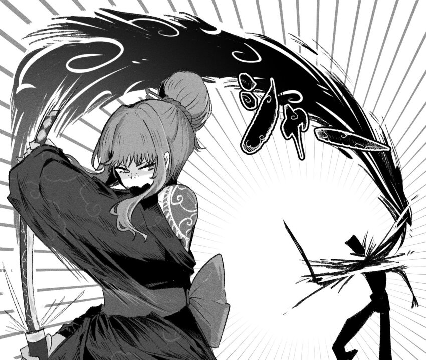 1girl 1other arm_tattoo black_kimono cloud_tattoo freckles gree_n hair_bun hair_ornament hair_stick holding holding_sword holding_weapon irezumi ishmael_(project_moon) japanese_clothes katana kimono kurokumo_clan_(identity)_(project_moon) limbus_company looking_at_viewer monochrome project_moon sash simple_background solo_focus standing sword tattoo upper_body weapon white_background