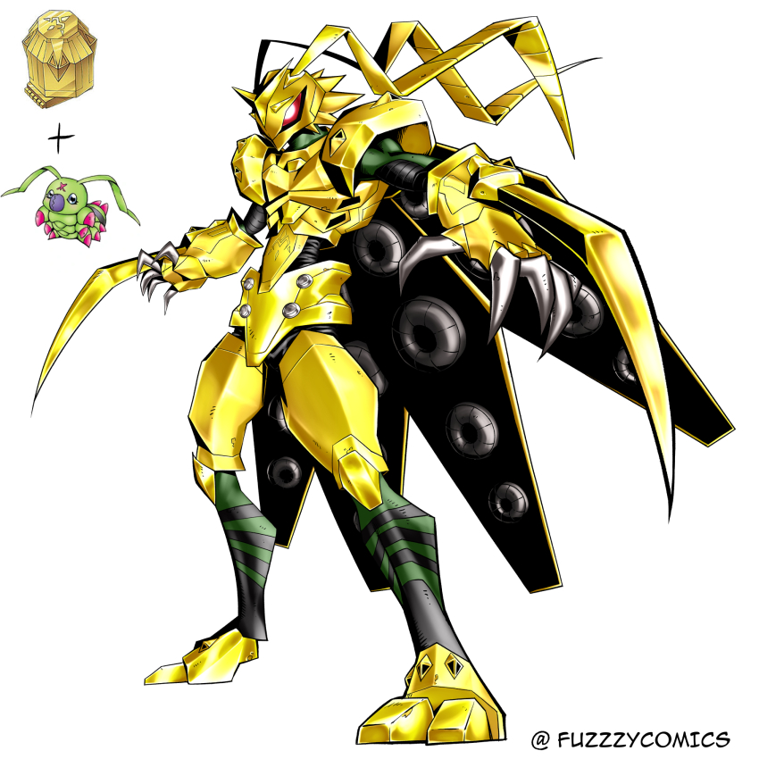 armor digimental digimental_of_miracles digimon digimon_(creature) fuzzzycomics gold_armor highres oridigi original red_eyes stingmon twitter_username wormmon