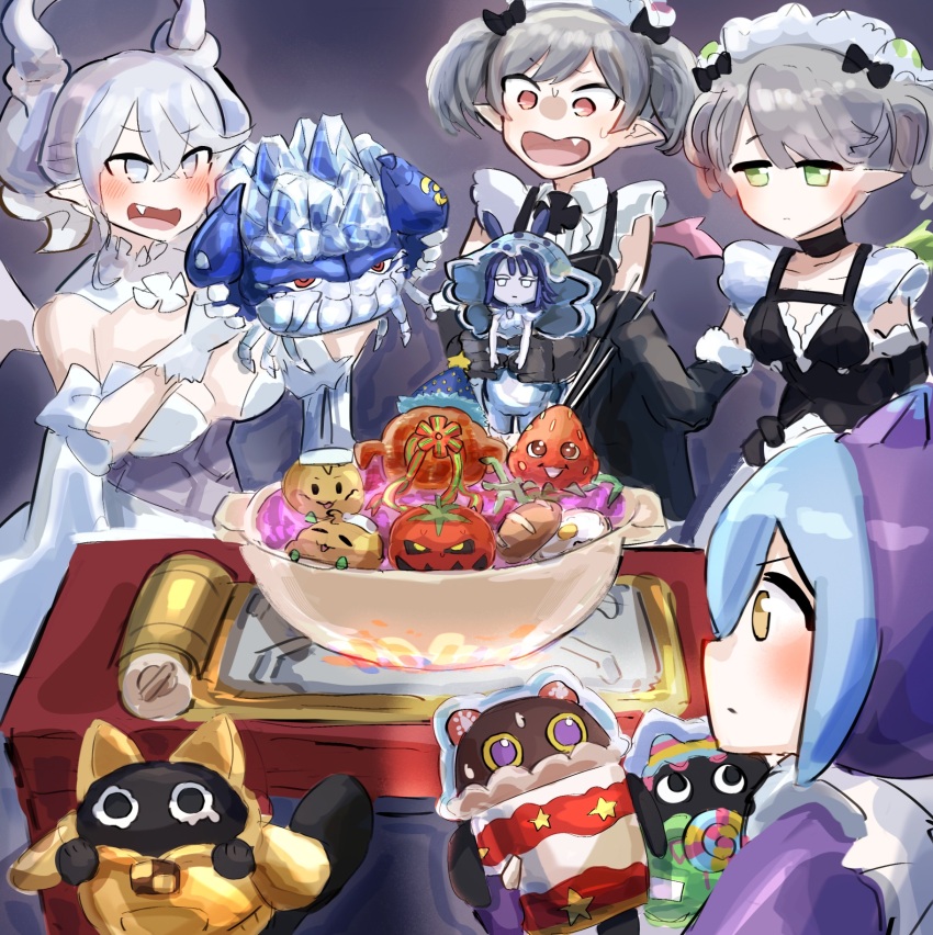 4girls apron arianna_the_labrynth_servant arianne_the_labrynth_servant black_background black_dress black_gloves blue_hair blush bow bowl bread breasts calbee_(potato_chips) character_doll character_request check_character cloak closed_mouth collar commentary_request cooky_yummy crossed_bangs cupsie_yummy demon_girl demon_horns demon_wings doll dragon_girl dress duel_monster elbow_gloves fang food frilled_dress frills from_behind gloves green_eyes grey_eyes grey_hair hair_between_eyes hair_bow hatano_kiyoshi highres holding holding_doll horns jitome large_breasts laundry_dragonmaid leotard light_frown loaf_of_bread lollipo_yummy lovely_labrynth_of_the_silver_castle maid maid_apron maid_headdress multiple_girls mystic_tomato naturia_strawberry open_mouth pointy_ears potato_boy_(calbee) purple_cloak red_eyes short_hair simple_background sleeveless sleeveless_dress smile strapless strapless_leotard table twintails upper_body v-shaped_eyebrows white_collar white_gloves white_leotard wings yu-gi-oh!